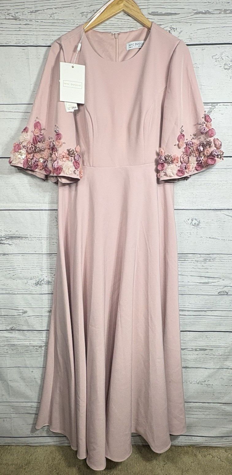 Mac Duggal 11854 Pink Crepe 3/4 Sleeve A-Line Gown With Flower Trim Sz 12 Nwt